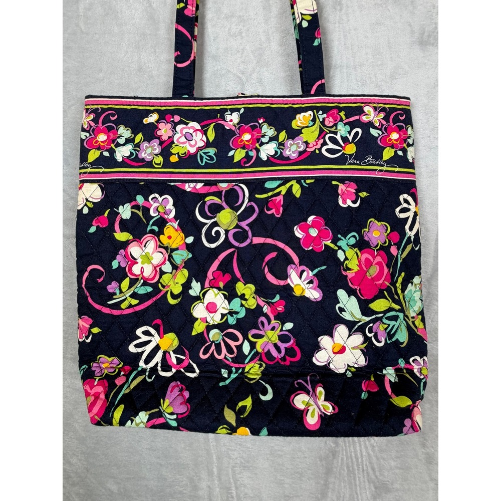 Vera Bradley Pink Ribbon Tote Medium Navy Blue Floral Quilted Discontinued